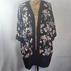 Liz Claiborne Career WOMAN Plus 0X - 1X Black Floral Kimono Cardigan Open Front